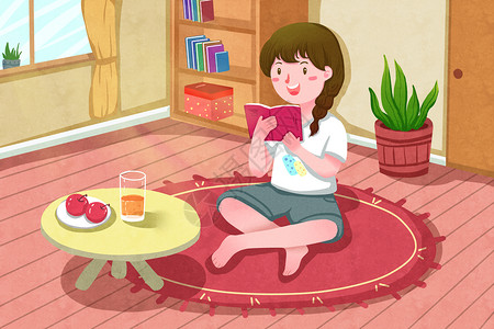 夏日房间暑假室内看书学习插画