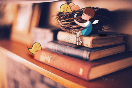 坐在书上女孩小鸟创意摄影插画gif高清图片