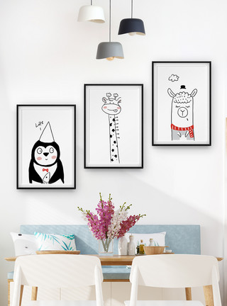 可爱小企鹅表白可爱卡通动物三联框装饰画模板