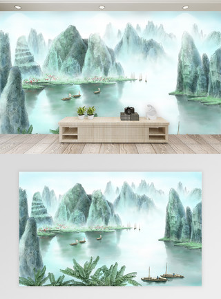 绿色山水背景漓江山水背景墙模板