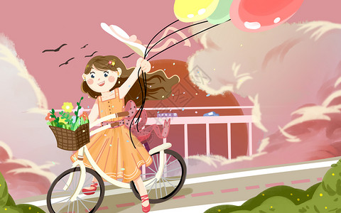 自行车鲜花气球骑自行车的毕业旅行插画