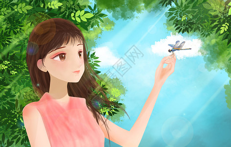 粉红色可爱女生女生在树荫下看蜻蜓插画
