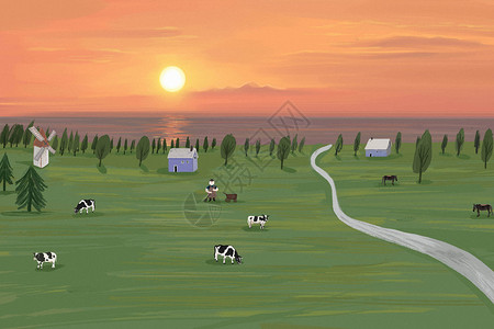 草原牧场插画背景图片