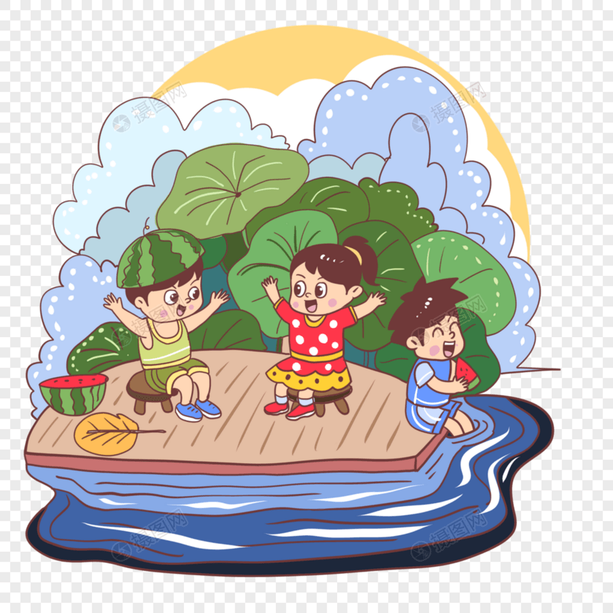 坐在河边吃瓜的孩子图片