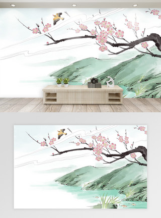 山水彩中国风春天背景墙模板
