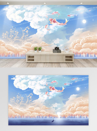 海豚手绘唯美天空梦幻儿童房电视背景墙模板