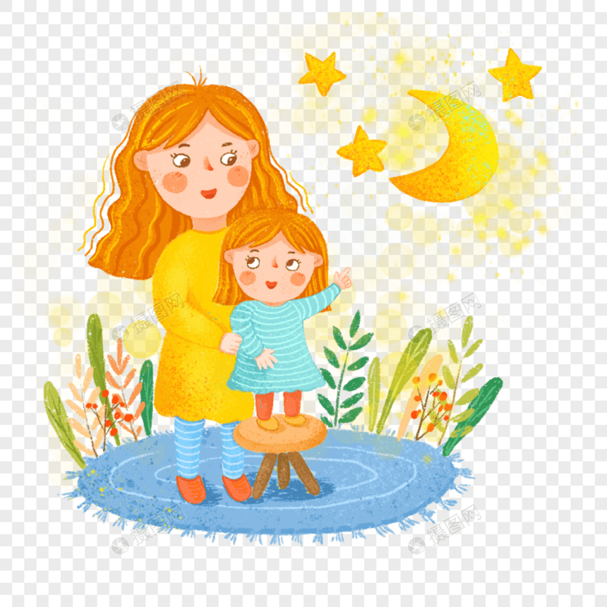 母女妈妈小女孩看星星月亮温馨陪伴图片