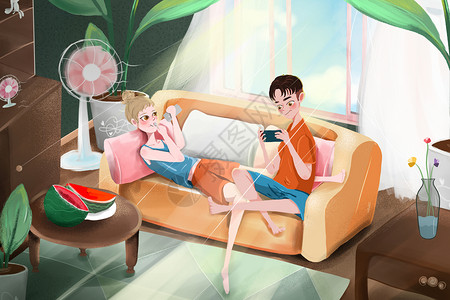 幸福的室内夏日家居情侣避暑插画