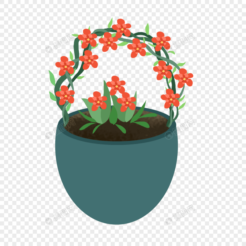 手绘红色花环盆栽元素图片