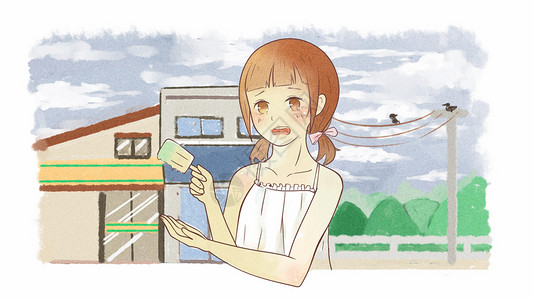 乡村少女夏日暑假商店门前吃雪糕的少女插画