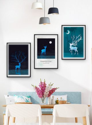 北欧风格图片墙画图片北欧水彩麋鹿唯美夜景客厅装饰画三联框模板