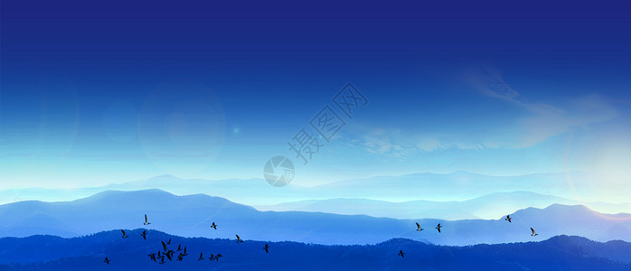 飞鸟手绘手绘蓝色风景设计图片
