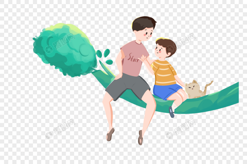 坐在树杈上的孩子和爸爸图片