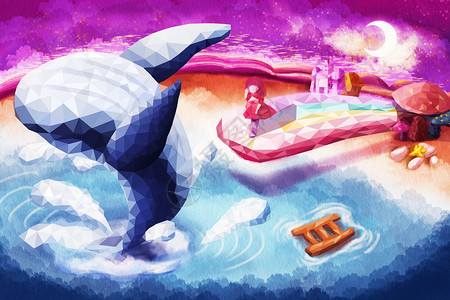 卡通蓝鲸女孩与蓝鲸鱼海边奇幻治愈系插画