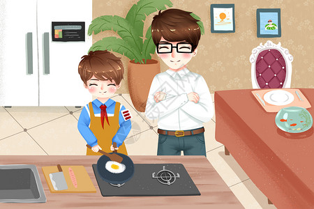 亲子做饭少年为父亲做早餐的温馨画面插画