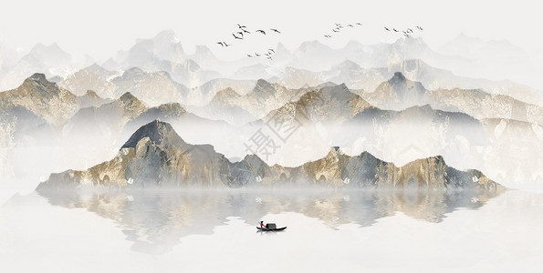 简约风景背景墙中国风山水画插画