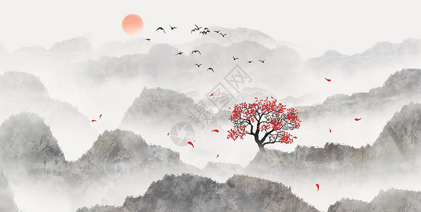 工业风背景墙中国风山水画插画