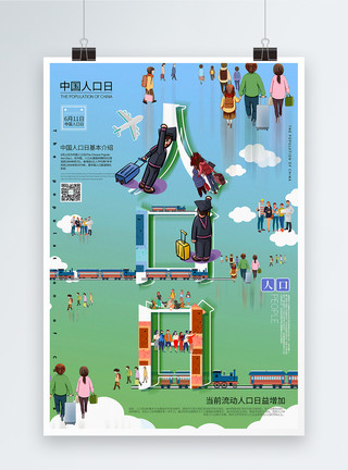 城市流动创意字体中国人口日节日宣传海报模板
