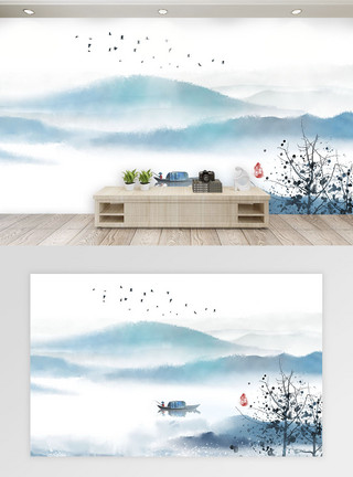 国潮古风山水画中国风水墨山水背景墙模板