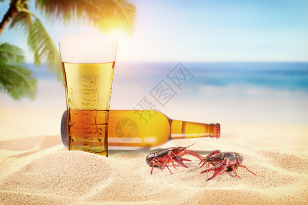 啤酒小龙虾毛笔字夏季海边设计图片