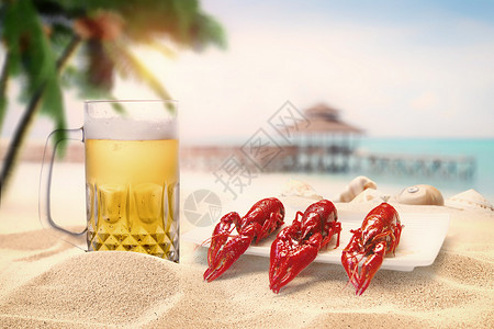 龙虾与啤酒夏季海边设计图片