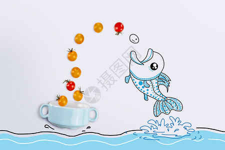 水果奶茶店装饰画调皮的小鱼插画