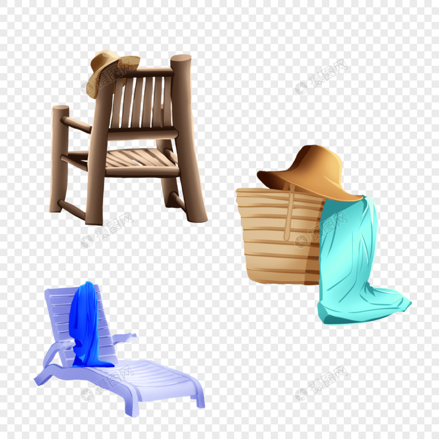 沙滩椅子躺椅帽子篮筐毛巾图片