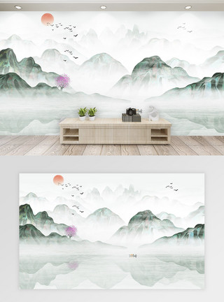 连绵起伏的群山中国风抽象山水水墨背景墙模板