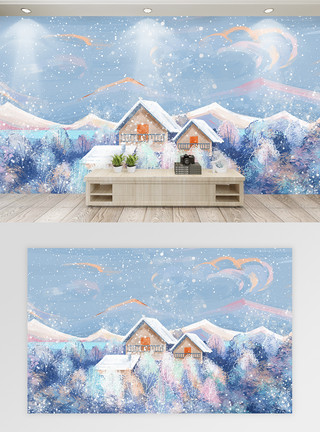 雪景中房子梦幻冬季背景墙模板