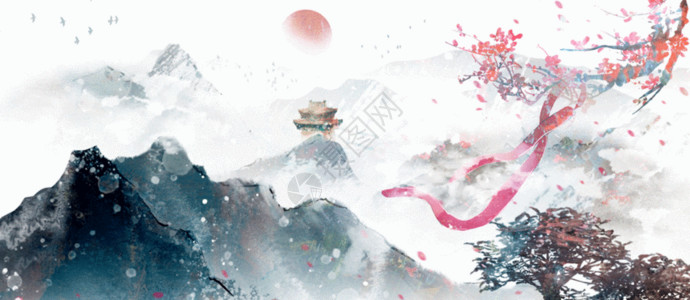 背景中国红古风水墨山水GIF高清图片