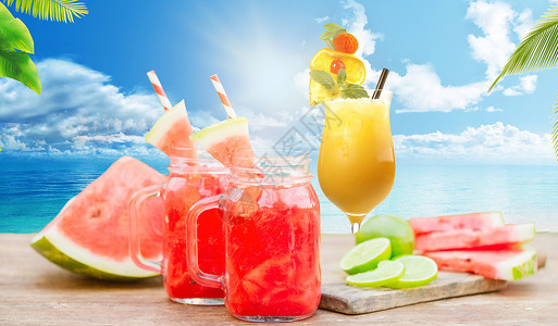 沙滩上西瓜冰爽饮料设计图片