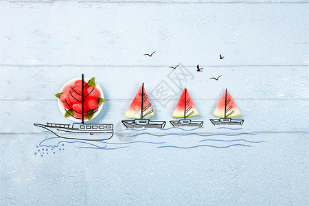 创意西瓜船一簇簇船帆插画