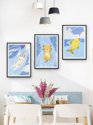 水彩蓝兔子动物插画风装饰画模板