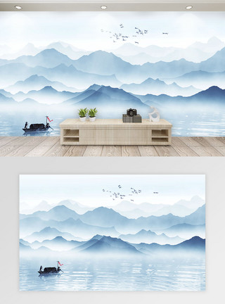 水彩海草中国风水墨山水背景墙模板