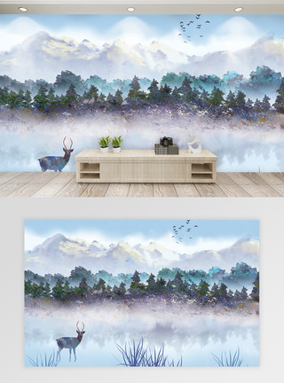 水彩森林素材中国风山水水墨背景墙模板