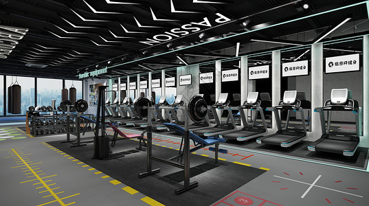 手绘健身器械3d健身房场景设计图片