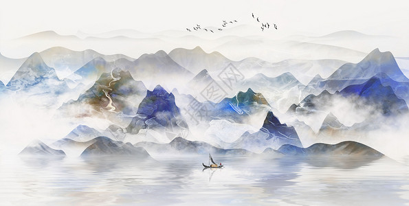 蓝色背景底图中国风山水画插画