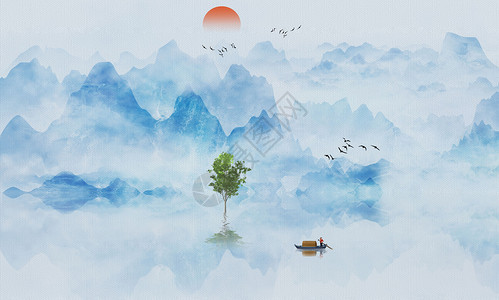 蓝色围棋素材中国风山水画插画
