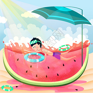 暑假夏天西瓜游泳解暑背景图片