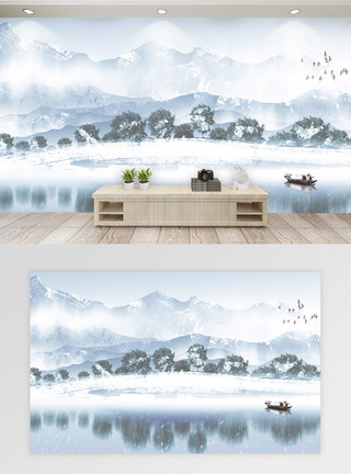 冬季山冬季水墨背景墙模板