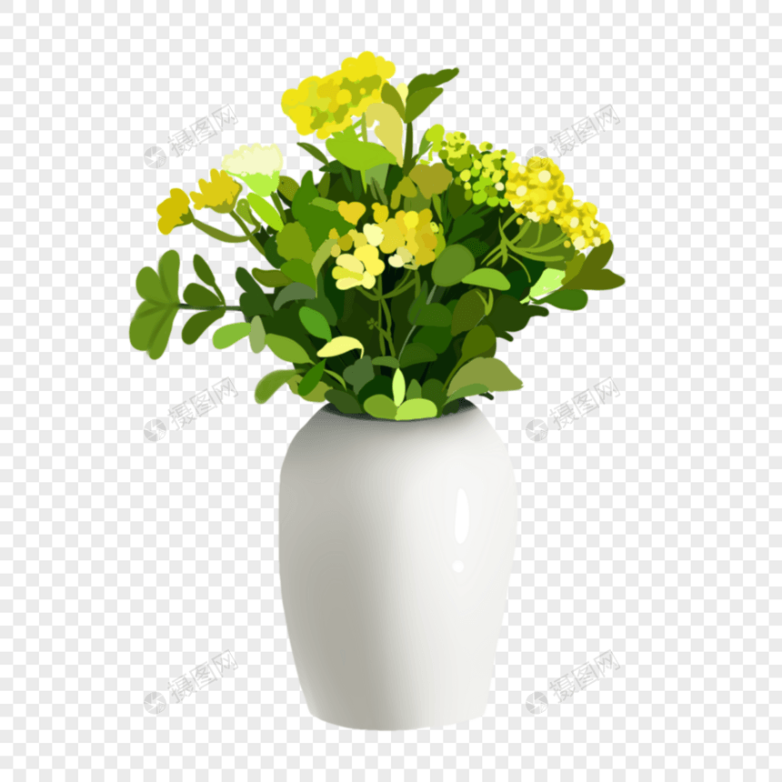手绘绿色栀子花花瓶元素图片
