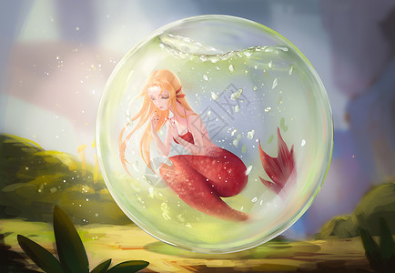 红色清新气泡瓶中世界-人鱼公主的悲伤插画