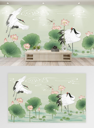 中国风荷花白鹤背景墙模板