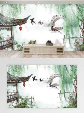 中国风江南秋景背景墙中国风水墨背景墙模板