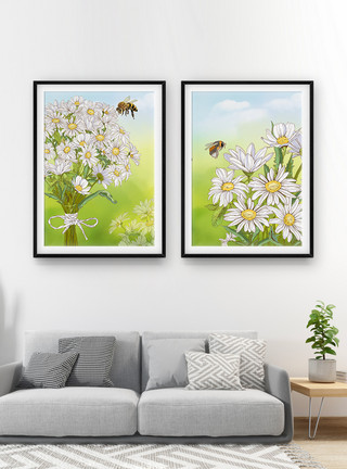 蜜蜂手绘白色花卉手绘装饰画模板