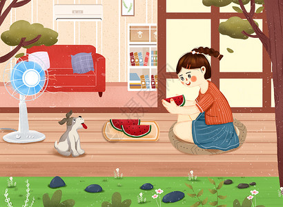 夏季居家吹风扇吃西瓜插画图片