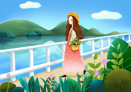 美丽之水湖边美丽的鲜花少女插画