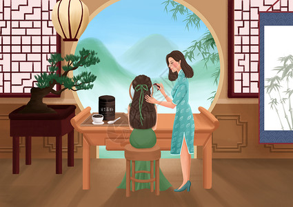 女性美发护发背面展示女性养生插画之黑芝麻粉插画