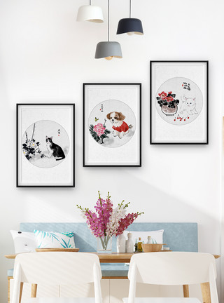 花和狗中国风动物装饰画模板