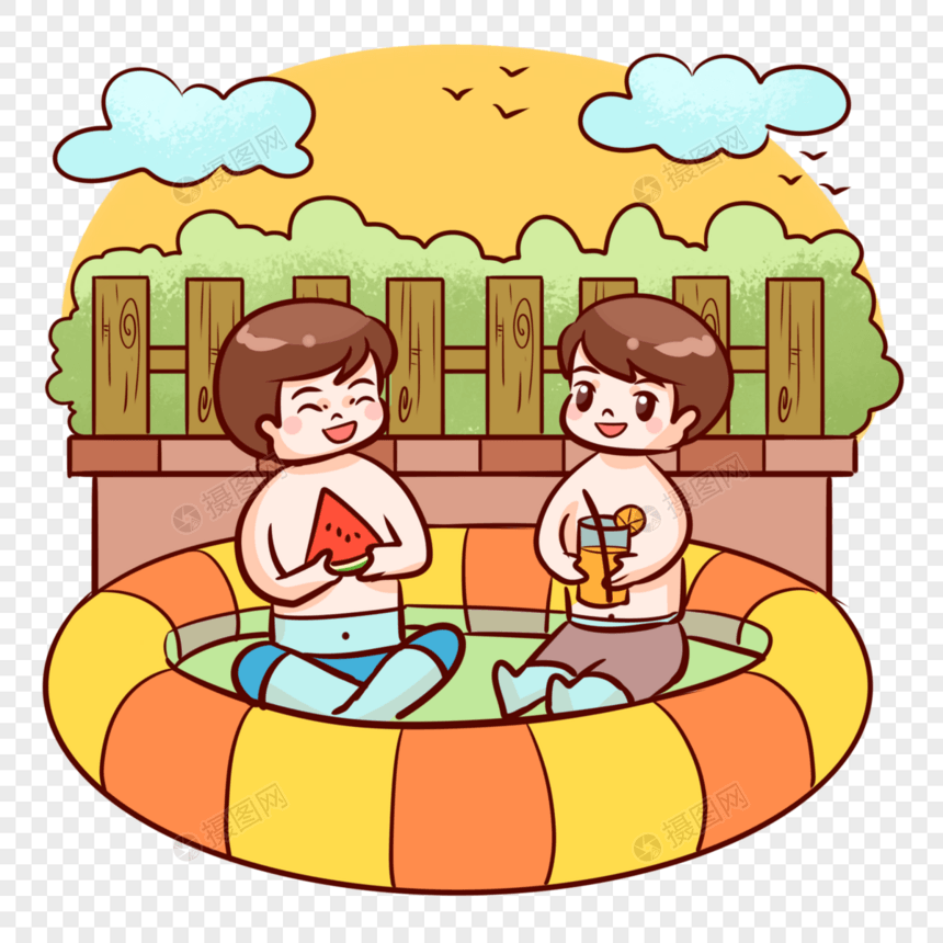 坐在泳池吃瓜喝饮料的男孩图片